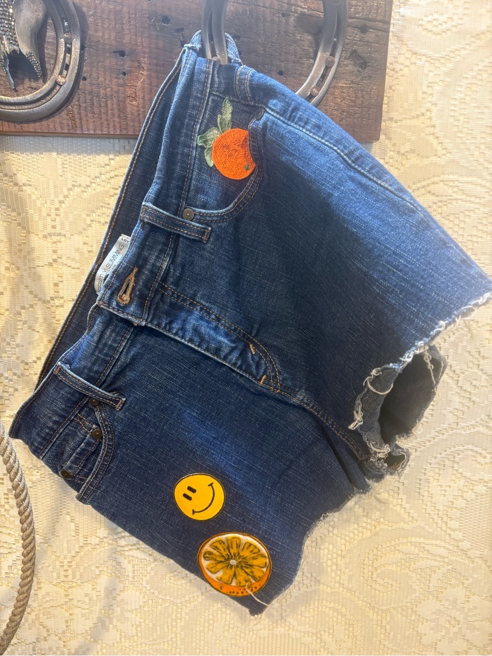 Levi's Dark Blue Denim Shorts with Fruit & Smiley Patches